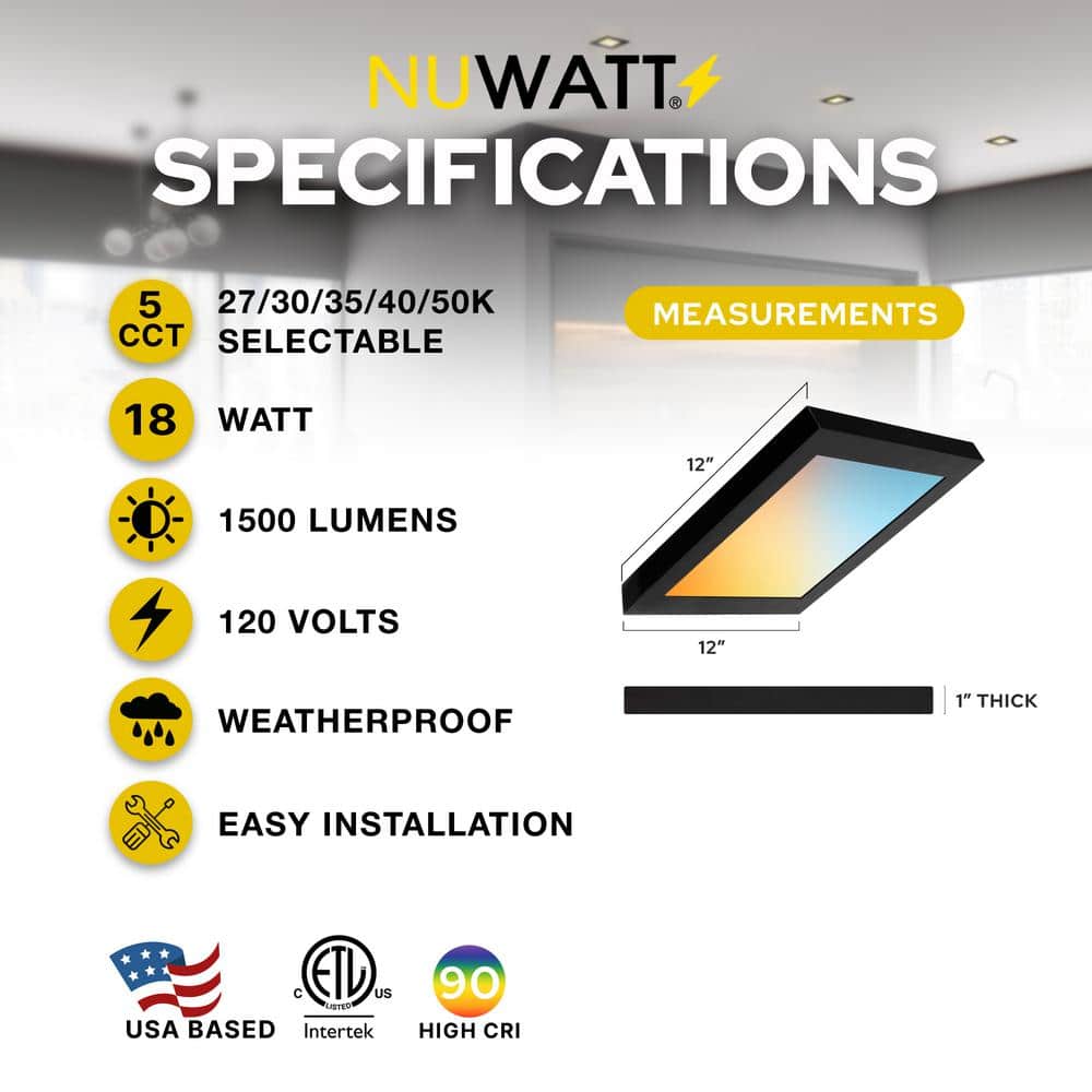 Matte Black 12" Square LED Surface Mount Panel Light, 4-Pack