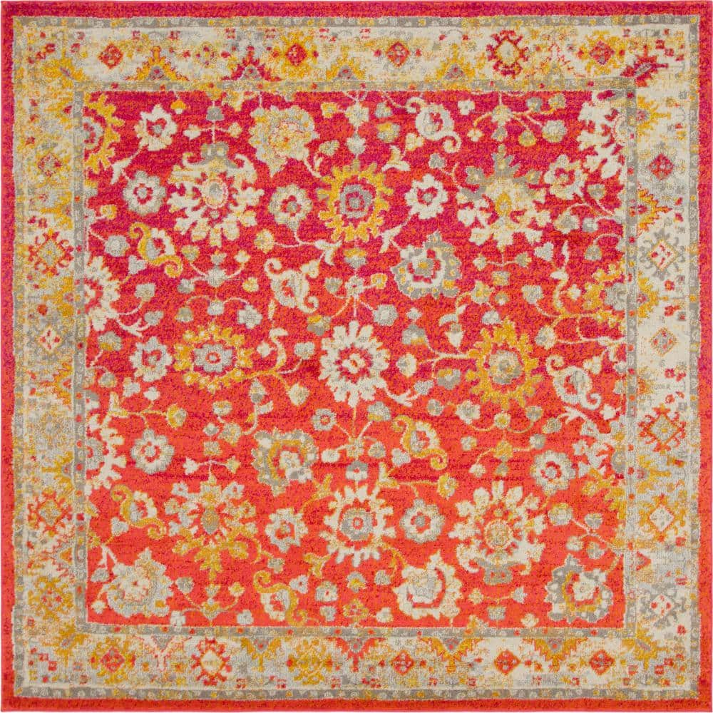 Rust Red Floral Square Stain-Resistant Synthetic Rug
