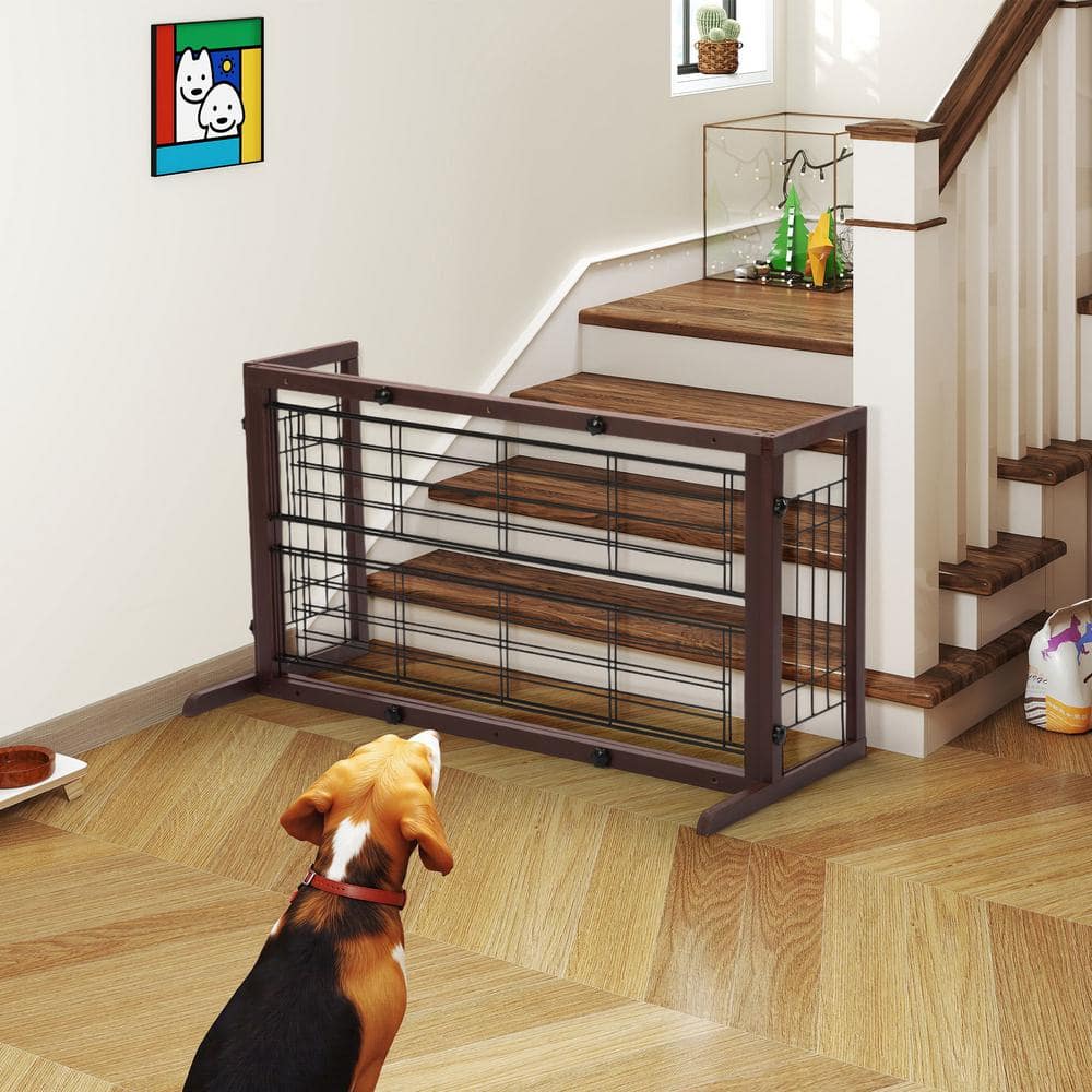 Expandable Brown Solid Wood Freestanding Pet Gate with Wire Mesh