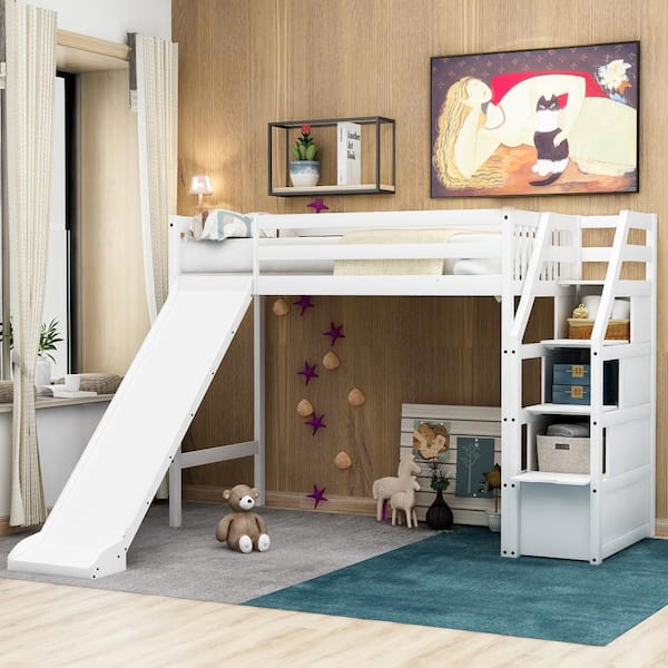 Qualler White Twin Size Loft Bed with Storage and Slide