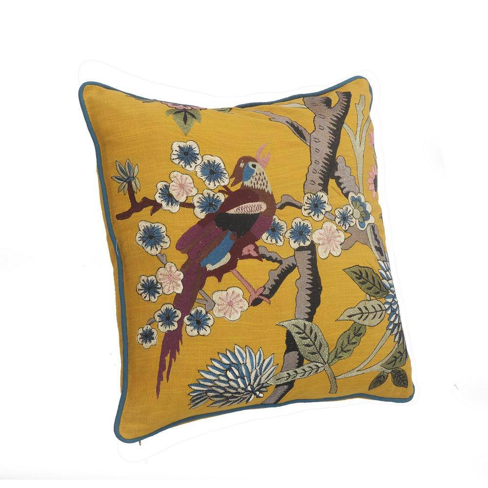 Yellow Cotton Bird of Paradise Embroidered Throw Pillow