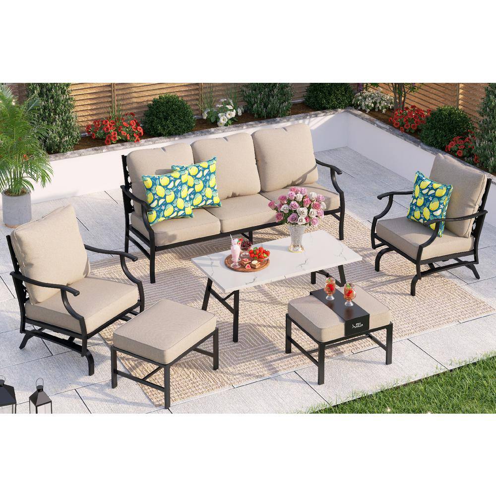 PHI VILLA Black Meshed 7-Seat 6-Piece Metal Outdoor Patio Conversation ...