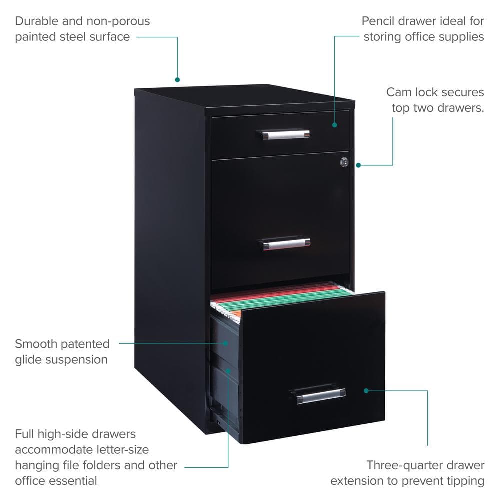 Black Steel 3-Drawer Lockable Vertical File Cabinet