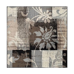 8 ft. Square Beige and Gray Square Floral Power Loom Distressed Stain Resistant Area Rug