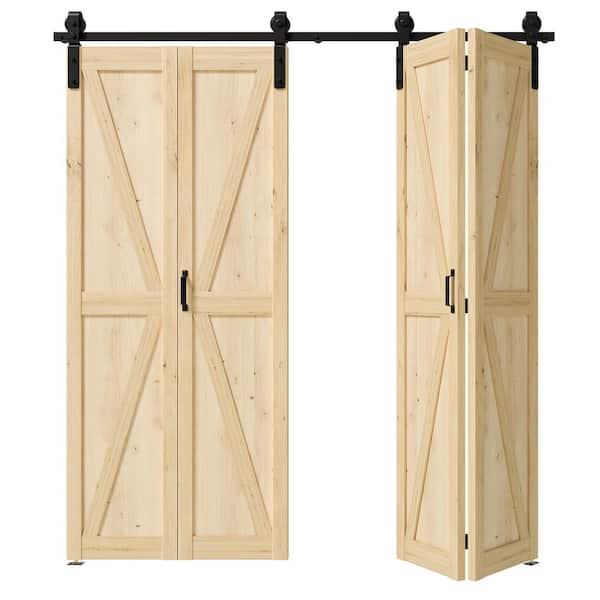 72 in. x 84 in. (36 in. W x 2) Pine Wood Color, Primed, MDF, K Shaped, Bi-Fold Style Sliding Barn Door with Hardware Kit