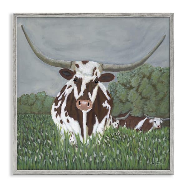 Stupell Industries Spotted Longhorn in Nature by Ashley Justice Gray Framed Animal Giclee Art Print 24 in. x 24 in.