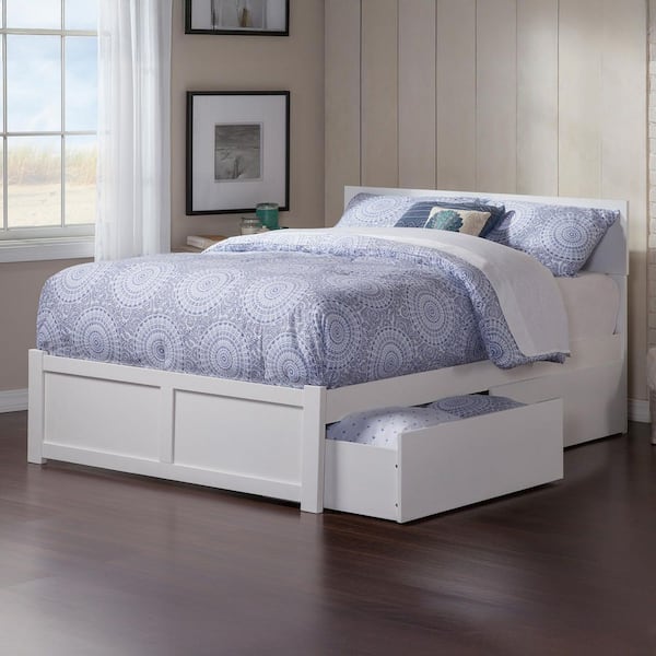 Orlando White Queen Solid Wood Storage Platform Bed with Flat Panel Foot Board and 2 Bed Drawers