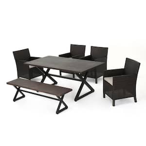 Aisha 29 in. Multi-Brown 6-Piece Metal Rectangular Outdoor Dining Set with Light Brown Cushions
