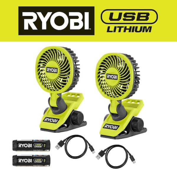 RYOBI USB Lithium Clamp Fan Kit 2-Pack with (2) 2.0 Ah USB Lithium Batteries and Charging Cable
