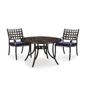 3-Piece Cast Aluminum Outdoor Dining Set with 2 Navy Blue Cushions Standard Height Metal Dining Chairs