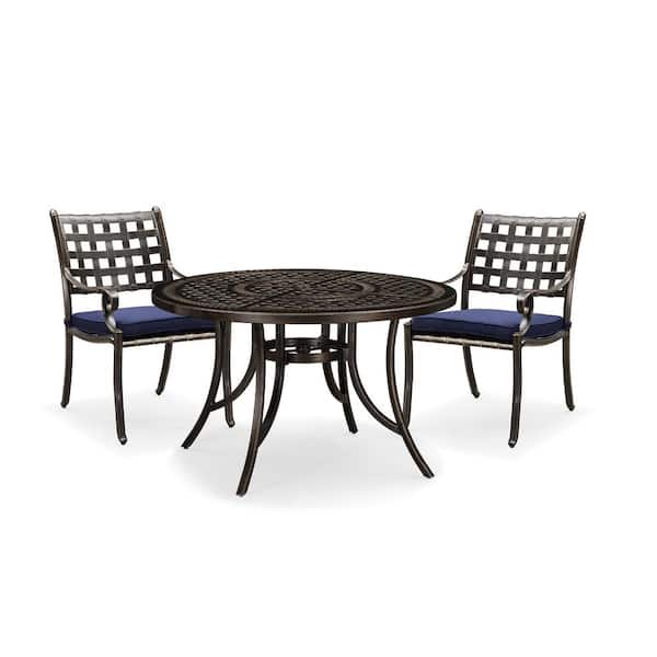 PURPLE LEAF 3-Piece Cast Aluminum Outdoor Dining Set with 2 Navy Blue Cushions Standard Height Metal Dining Chairs