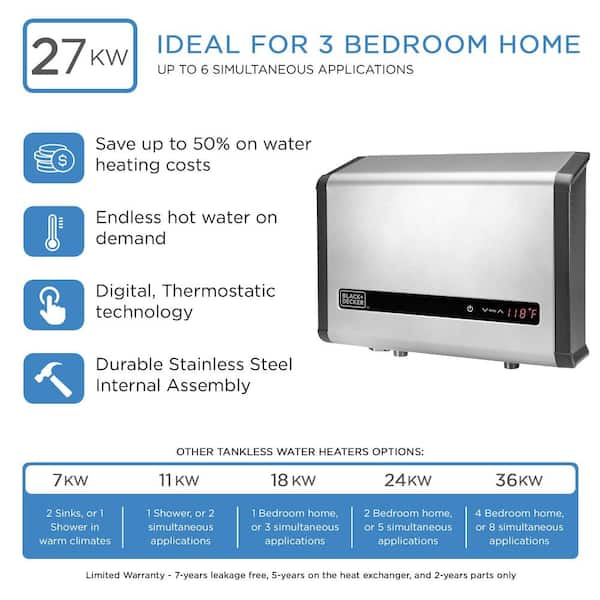 BLACK+DECKER 27 kW 5.4 GPM Electric Tankless Water Heater, Ideal for 3  Bedroom Home, Up to 6 Simultaneous Applications BD-27HD - The Home Depot
