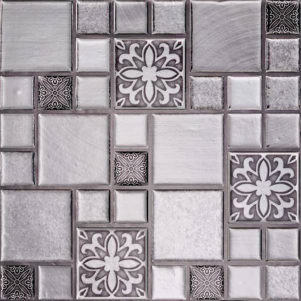 10.5 in x 10.5 in Silver Mosaic Squares Vinyl Peel and Stick Wall Tile (4-Pack)