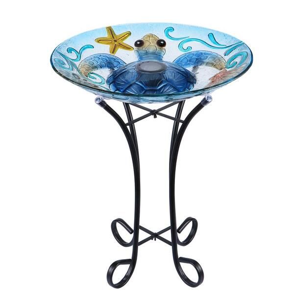 Unbranded 18 in. Glass Birdbath Green Turtle Outdoor Fusion Solar with Stand