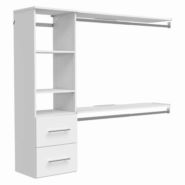 Style+ 46.97 in. W - 112.97 in. W White Hanging Wood Closet System with Top Shelves and Modern Drawers