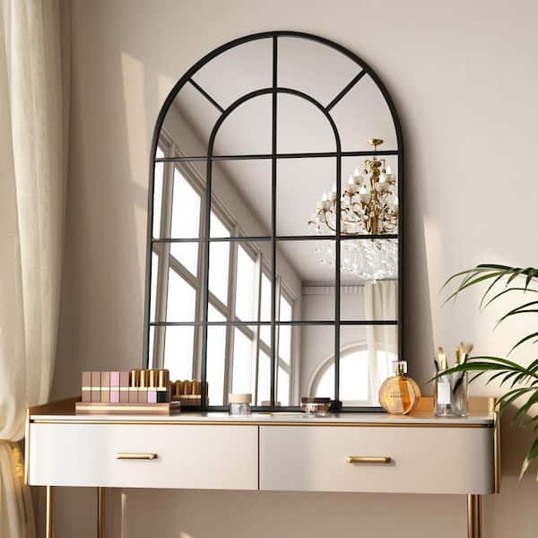 24 in. W x 36 in. H Arched Grid Style Modern Black Aluminum Alloy Framed Wall Mirror Vanity Mirror