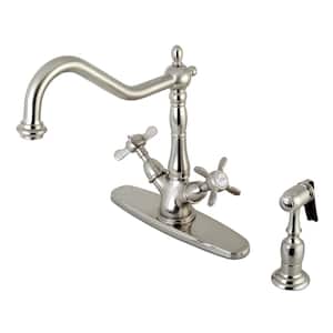 Victorian French Cross 2-Handle Standard Kitchen Faucet with Side Sprayer in Brushed Nickel