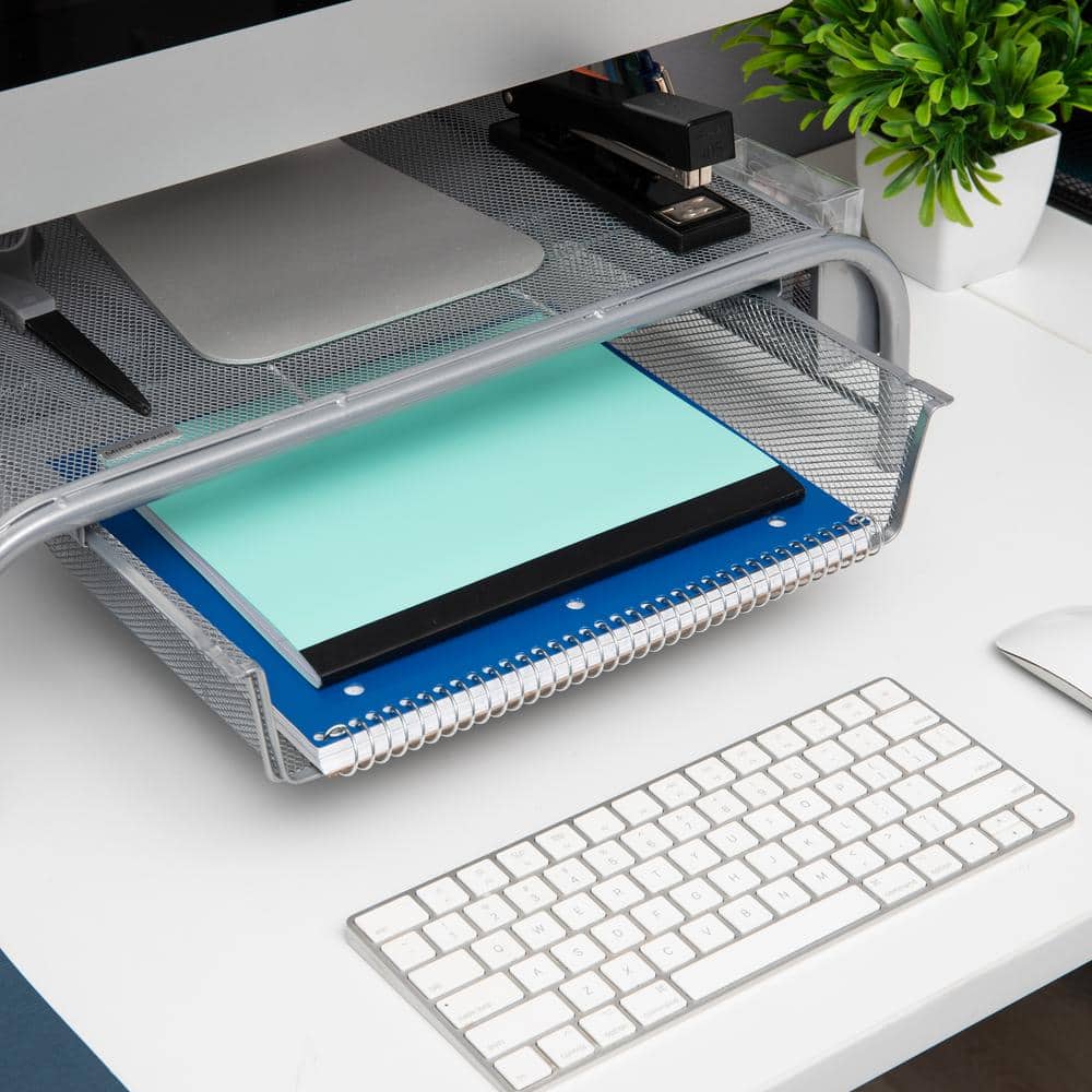 Silver Metal Mesh Monitor Stand with Drawer and Organizer