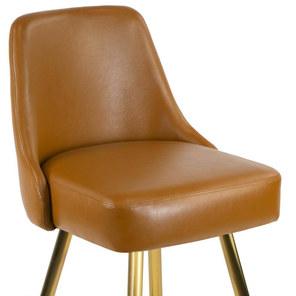 Set of 2 Light Brown Upholstered Iron Frame Counter Stools with Golden Legs