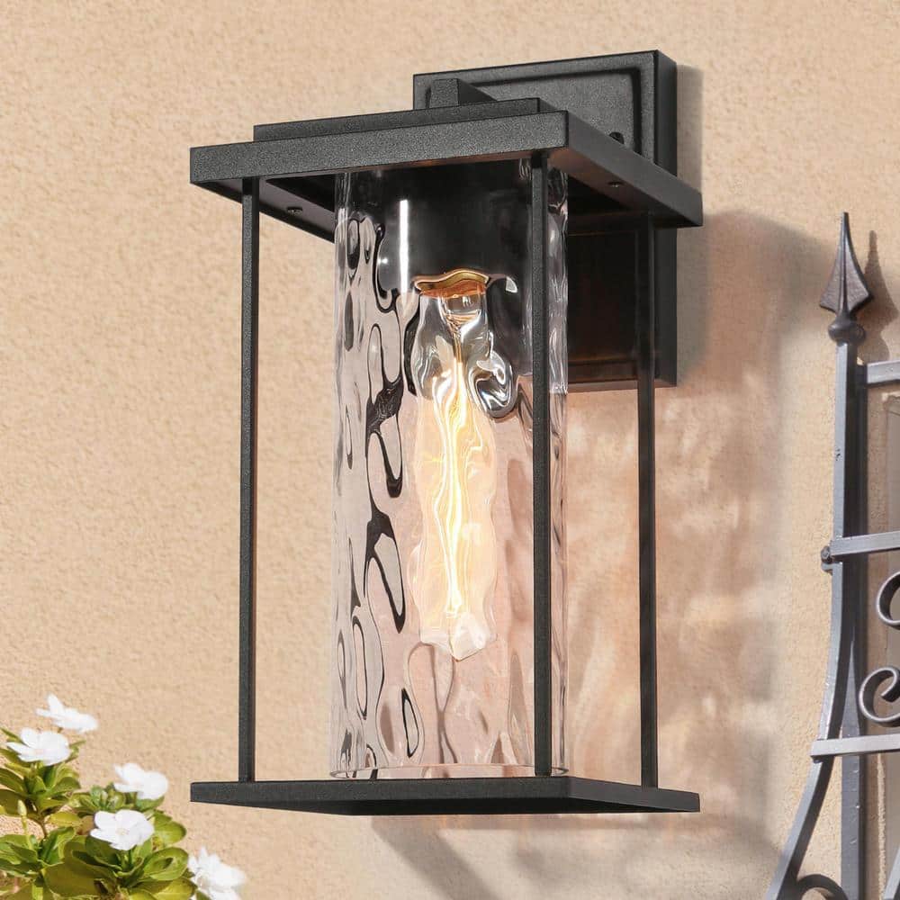 13.4 in. Modern Black 1-Light Outdoor Wall Lantern Sconce with Wavy Glass Shade Porch Wall Light for Patio Garden price history on PriceWatchPro