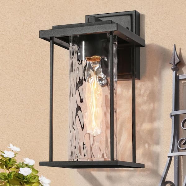 LNC 13.4 in. Modern Black 1-Light Outdoor Wall Lantern Sconce with Wavy Glass Shade Porch Wall Light for Patio Garden