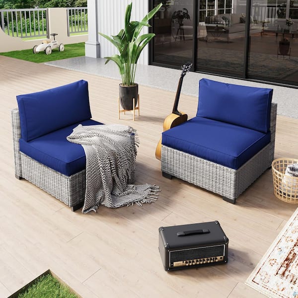 2-Piece Rattan Wicker Outdoor Patio Conversation Sofa Seating Set with Navy Blue Cushions and Sofa Protection Cover