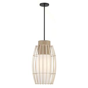 Watermill by Robin Baron 100-Watt 1-Light Black Shaded Pendant Light with Etched Opal Glass and Natural Wicker Shade