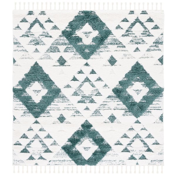 Moroccan Tassel Shag Green/Ivory 7 ft. x 7 ft.High-Low Geometric Fringe Square Area Rug