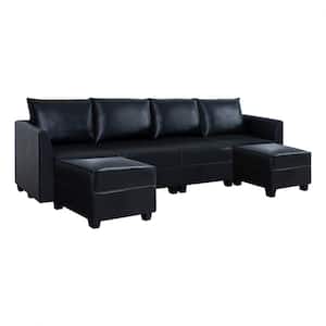 56.1 in. Modern Faux Leather U-Shaped Sectional Sofa with Reversible Chaise Sectional Sofa with Double Ottoman in. Black