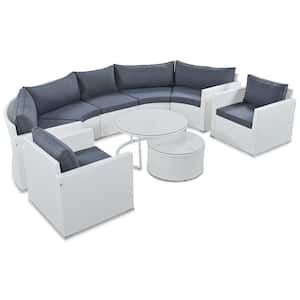 White 9-Pieces Wicker Modern Semicircle Patio Conversation Set with Dark Gray Cushions