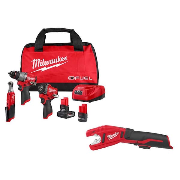 M12 FUEL 12V Lithium-Ion Cordless Drill Driver, Impact Wrench, and Ratchet Combo Kit (4-Tool) with Copper Tubing Cutter