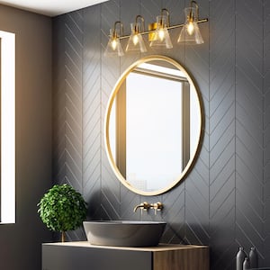 Modern Brass Gold Bathroom Vanity Light, 29 in. 4-Light Bell Powder Room Wall Sconce Light with Seeded Glass Shades