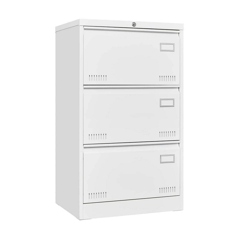 3 Drawer White File Cabinet with Lock