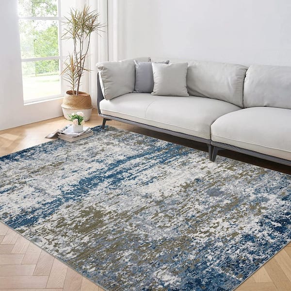 5 ft. x 7 ft. Blue Modern Abstract Pattern Washable Non-Slip Low