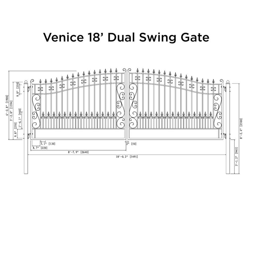 Venice Style Black Steel Dual Swing Driveway Gate 18 x 6 ft