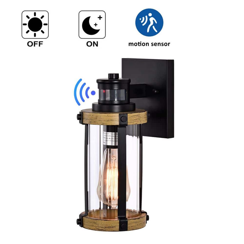 Farmhouse Charm Black & Woodgrain Outdoor Wall Sconce with Motion Sensor