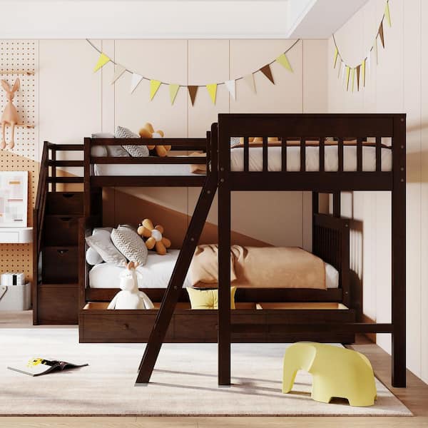 L-Shaped Espresso Twin-Twin Over Full Wood Bunk Bed with Built-in Storage Staircase, 3-Drawer