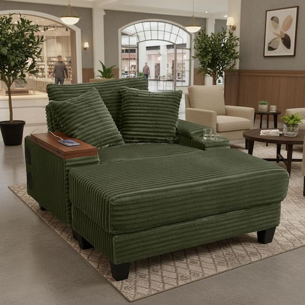 HAQI 42 in. Straight Arm Corduroy Sofa with Rotating Table Board, USB Charging and Bluetooth Speaker, in Forest Green
