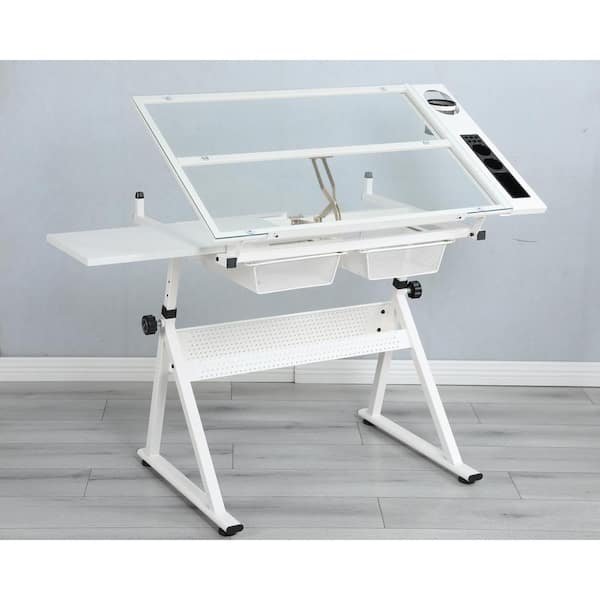 38 in. Rectangular White Tempered Glass Hand Crank Adjustable Drafting Table  Drawing Desk with 2-Drawer and Stool FY-W347126616 - The Home Depot