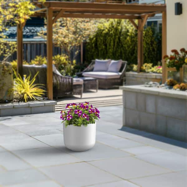 11.5 in. Small Crisp White (Enhanced Interior) Concrete Round Planter / Pot with Drainage Holes