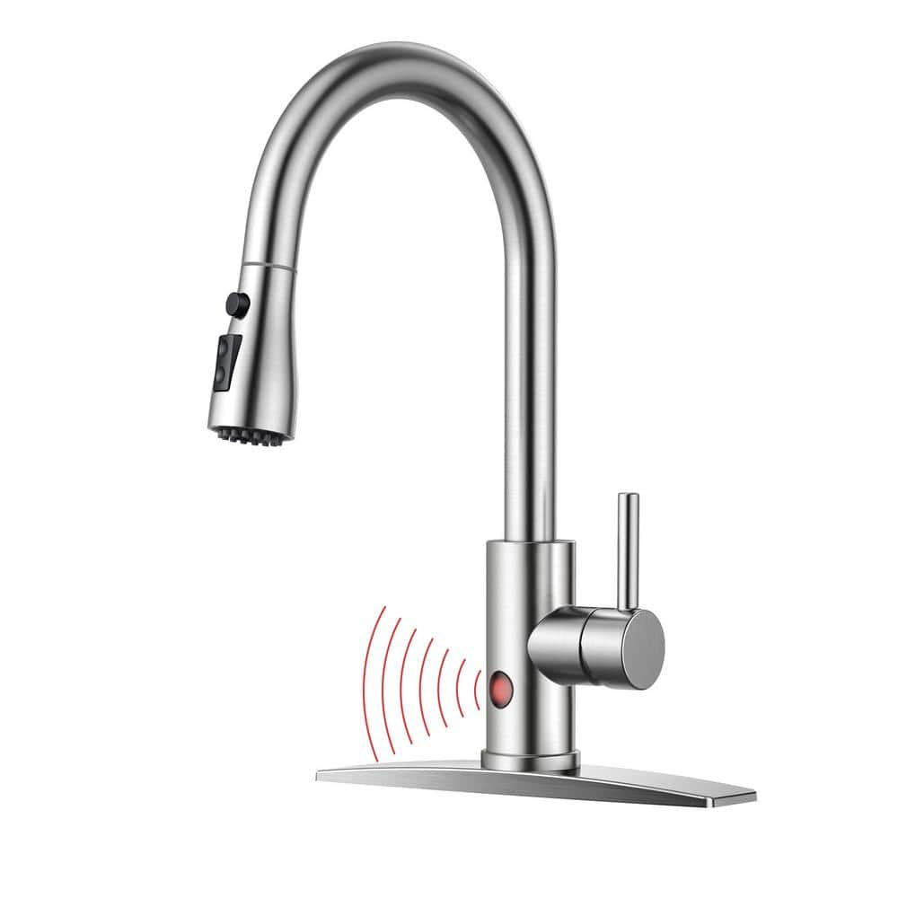 Touchless Single Handle Pull-Down Sprayer Kitchen Faucet with Motion Sensor Pull Out Spray Wand in Brushed Nickel -  androme, 3AABN-GY