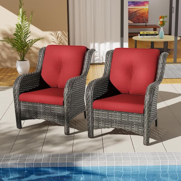 JOYSIDE Ergonomic Arm 2-Piece Patio Wicker Outdoor Lounge Chair with Red Cushions