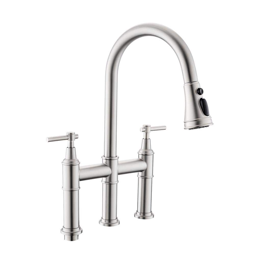 Double Handle Bridge Kitchen Faucet with Pull Down Sprayer in Brushed Nicke