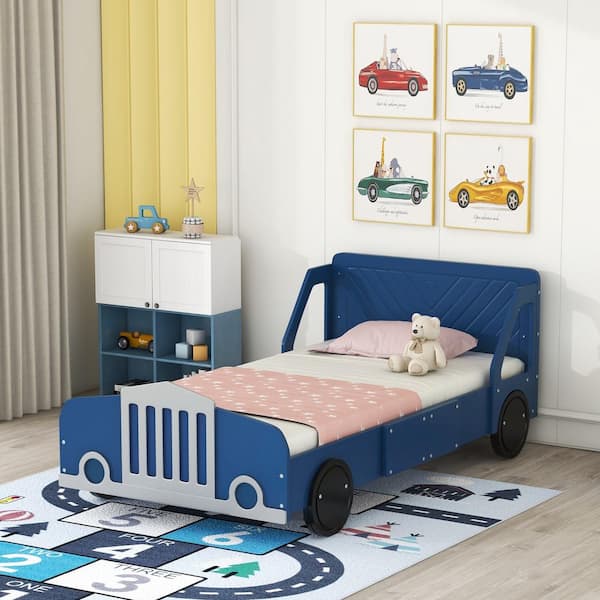 Harper & Bright Designs Blue Wood Frame Twin Size Car-Shaped Platform Bed with Wheels, Headboard, Guardrails