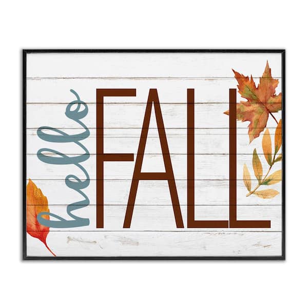 Stupell Industries Hello Fall Planked Look Autumn Foliage by Kim Allen Black Framed Graphic Typography Art Print 11 in. x 14 in.