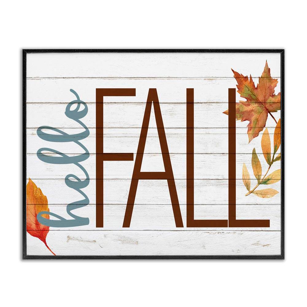 Hello Fall Planked Look Autumn Foliage by Kim Allen Black Framed Graphic Typography Art Print 20 in. x 16 in. price history on PriceWatchPro