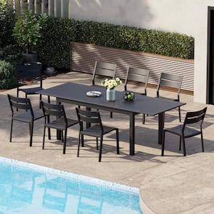 Black 9-Piece Aluminum Outdoor Dining Set with 94.5 in. Extension and Stackable Chair