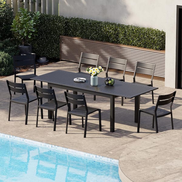 Black 9-Piece Aluminum Outdoor Dining Set with 94.5 in. Extension and Stackable Chair