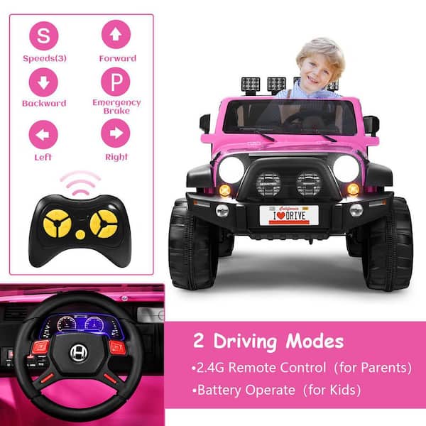 Costway 12V 12.5 in. Kids Electric Ride On Truck 2 Seater Battery Powered  Car w/Remote Control, Music & Horn, LED Lights, Pink GHMF0001 - The Home  Depot