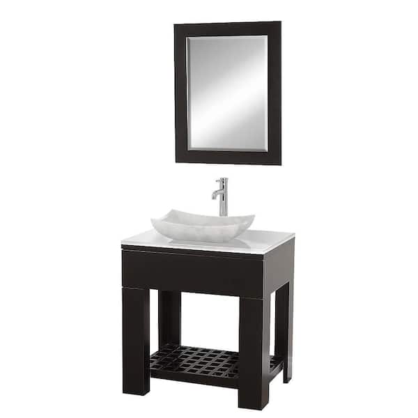 Wyndham Collection Zen 30 in. Vanity in Espresso with Glass Vanity Top in White and Mirror